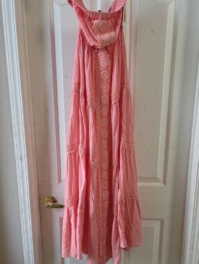 Women's Pink Maxi Dress with Lace Trim